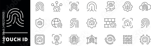 Touch ID vector icons. Finger print icons. Biometric id, unique scan, line signature, identity, Fingerprint, touch ID related icon set. Thin line icons, Editable stroke
