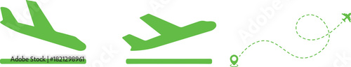 Green Airplane Landing, Take Off, and Travel Route Vector Icons Set