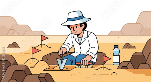 Archeologist Digging for Ancient Artifacts Illustration of Discovery and Exploration