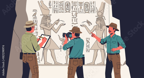 Archaeologists Documenting Ancient Egyptian Hieroglyphs and Art in Tomb