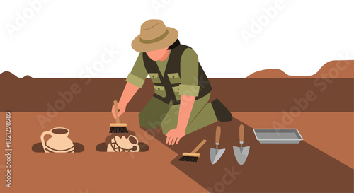 Archaeologist Unearthing Ancient Artifacts in Archaeological Dig Site Vector Illustration