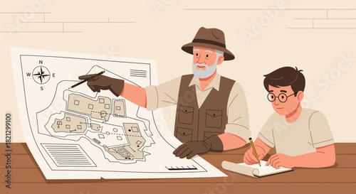 Archeologist Explaining Map to Young Apprentice Discovery and Learning Concept