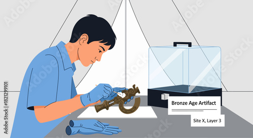 Archaeologist Examining Bronze Age Artifact in Laboratory Tent