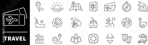 Travel vector icons. Travel icon set. Holiday, vacation, plane, passport, hotel, palm tree, travel, beach, travel related icons. Thin line editable stroke