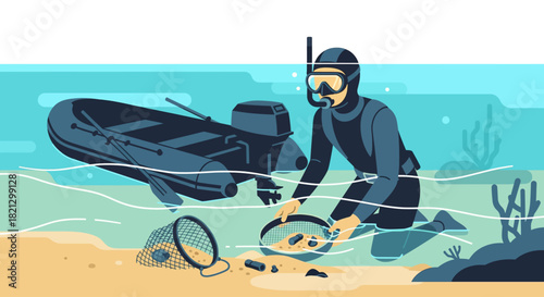 Diver Searching for Treasures in the Ocean with Boat