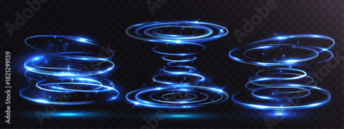 Glowing blue vortex light trails with sparkling particles and magical energy swirls on a dark transparent background — luxurious, futuristic, dynamic, and visually glamorous.
