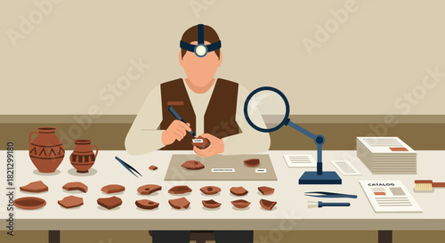Archaeologist Examining Ancient Artifacts in Laboratory