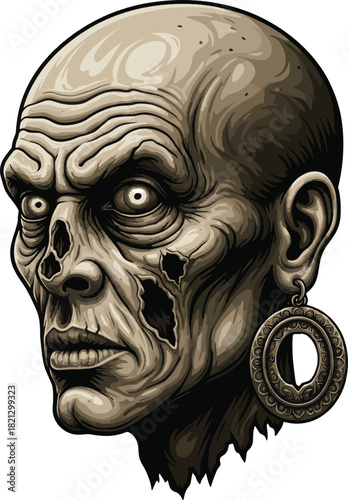 Zombie Portrait with Detailed Skin and Ornament Earring in Vintage Illustration Style