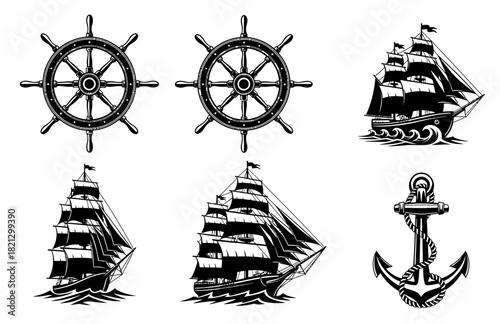 set of sailing ships,  helm ship and anchor, black and white, vector style, isolated on white