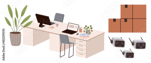 Organized desk with computer, laptop, plant, books, and chair stacked shipment boxes delivery robots transporting packages. Ideal for workspace, logistics, technology, delivery productivity AI