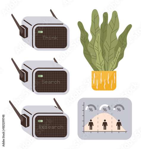 Communication devices labeled Think, Search, and Research with antennas, potted plant, and statistical distribution chart. Ideal for innovation, AI, analysis, technology growth data creativity