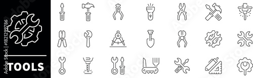 Tools for worker vector outline icon set. Equipment and construction icons