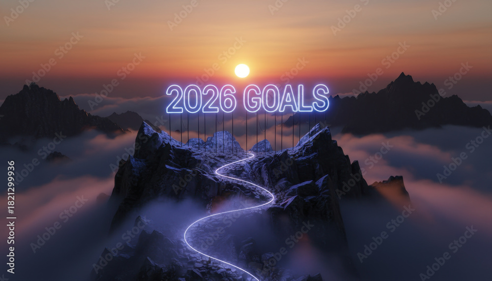 Obraz premium 2026 goals illuminated neon typography glowing on mountain peak with winding light path and sunrise sky