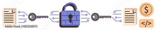 Central lock surrounded by binary code, keys, and data files representing cybersecurity, coding, and digital payment. Ideal for security, technology, data management, privacy cryptography