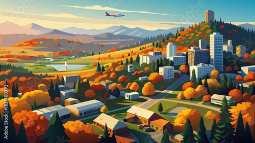 Very beautiful aerial drone view of Happy Valley, Oregon, in autumn, featuring vibrant fall foliage with golden and red leaves, residential neighborhoods, tree-lined streets, rolling hills, and scenic