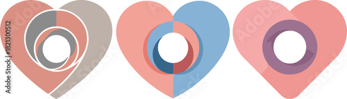 Set of Abstract Geometric Heart Icons with Layered Concentric Shapes in Pastel Colors