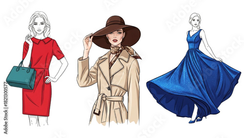 Fashion Girls with Handbag, Stylish Hat Pose, and Elegant Twirling Dress – Minimal Colorful Outline Art