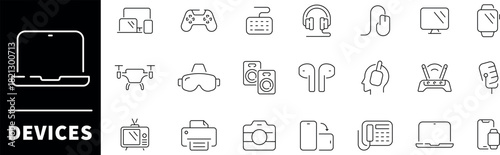 Device vector icons. Electronic devices and gadgets thin line icons collection.