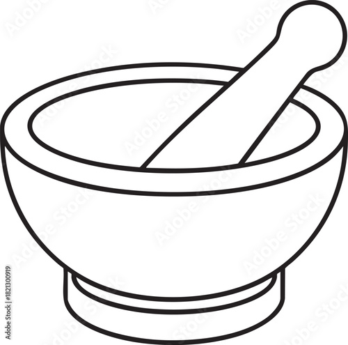 Mortar and pestle outline drawing showing classic kitchen tool used for grinding crushing herbs spices and foods