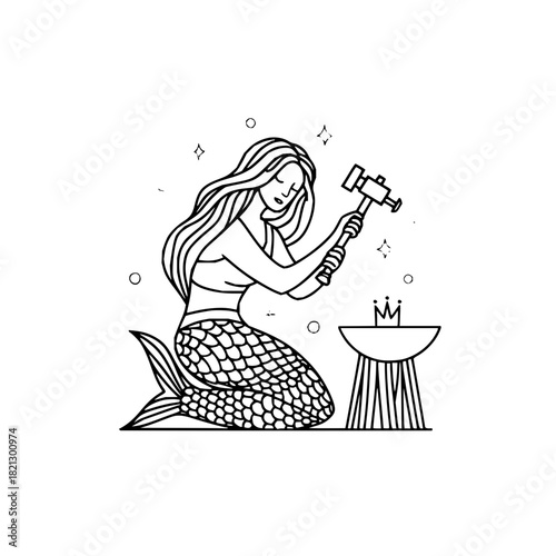 A mermaid hammering a crown on a small anvil with sparkles around it in a black and white line art