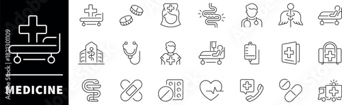 Medicine vector icons. Medical Icon collection. medicine thin line icons collection. Hospital, patient, medicine, pharmacy, nurse, doctor, medicine related icons