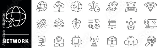 Network vector icons. Networking thin line icons collection. Online, computer, website, server, web design, hardware, software, programming, network related icons
