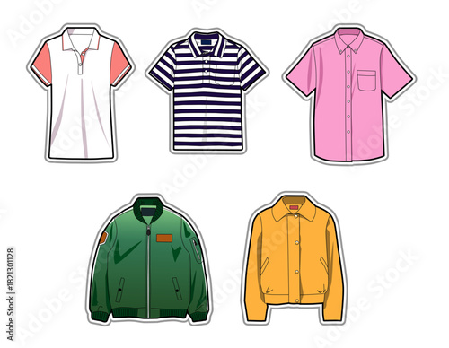 Illustration of five different articles of clothing including polo shirts, a button-down shirt, and two jackets.