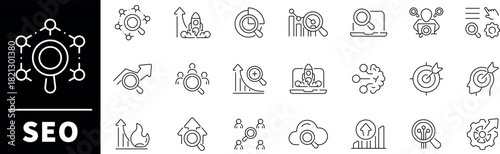 SEO vector icons. SEO thin line icons collection. Search engine optimization icon set. SEO, website, business, optimization, promotion related icons