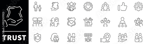 Trust vector icons. Trust thin line icons collection. Integrity, confidence, reliability, credibility, empathy, friends, trust related icon