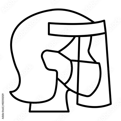 Woman head with antibacterial mask thin line icon, safety workwear concept. Vector graphics. Girl face with plastic mask sign on white background, style icon mobile or web design.