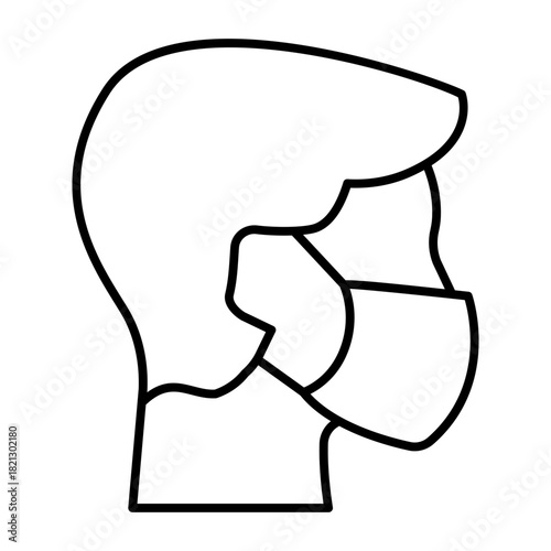 Man head with antibacterial mask thin line icon, safety workwear concept. Vector graphics. Boy face with disposable mask sign on white background, style icon mobile or web design.