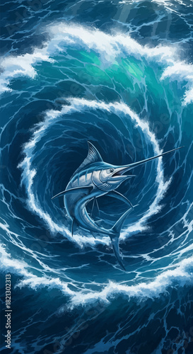 Marlin in a swirling vortex of ocean waves.
