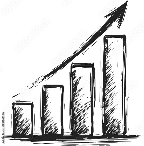Bar chart sketch, hand drawn vector showing upward growth trend with rising columns and arrow. Vector illustration