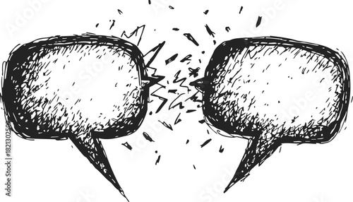 Speech bubbles sketch hand drawn style with dynamic collision effect. Vector illustration