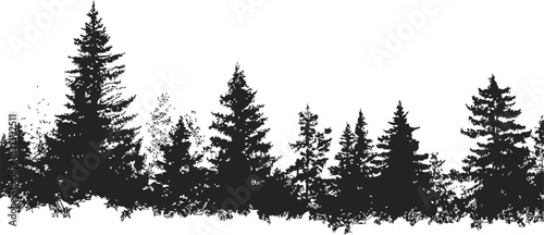 Pine tree silhouettes sketch hand drawn forest border with dense coniferous trees. Vector illustration