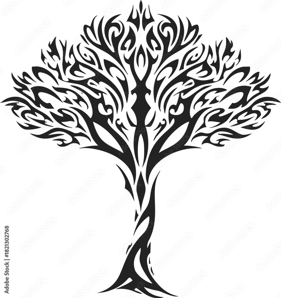 Obraz premium Tribal tree sketch, hand drawn vector with intricate swirling branches and bold abstract patterns. Vector illustration