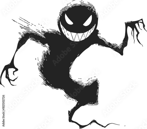 Shadow monster sketch, hand drawn style with menacing grin and clawed hands. Vector illustration