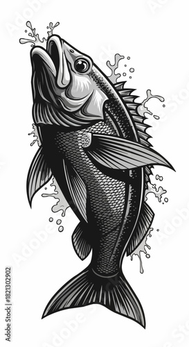 Detailed Black and White Illustration of a Jumping Largemouth Bass.
