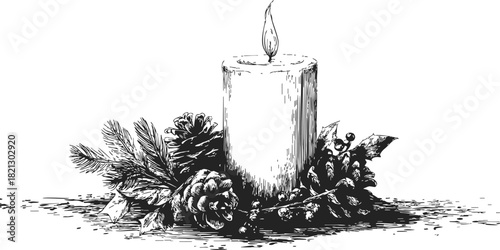 Candle hand drawn sketch with pine cones and winter foliage. Vector illustration