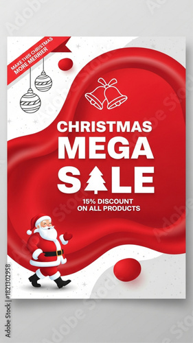 Christmas Mega Sale Promotion Flyer Template with 15% Discount Offer featuring Santa Claus and Festive Graphics