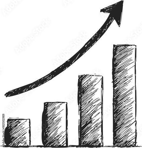 Bar chart sketch with upward arrow, hand drawn style, symbolizing growth and progress. Vector illustration