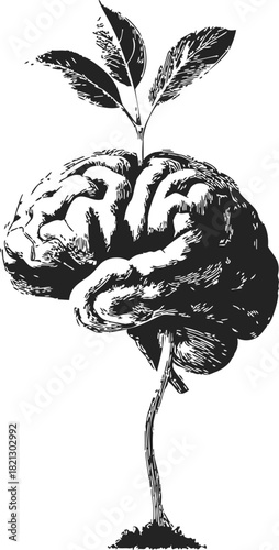 Brain tree sketch, hand drawn vector, human brain as tree crown with stem and leaves. Vector illustration