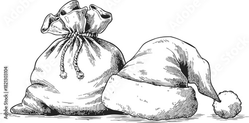 Santa sack and Santa hat sketch, hand drawn festive holiday accessories. Vector illustration
