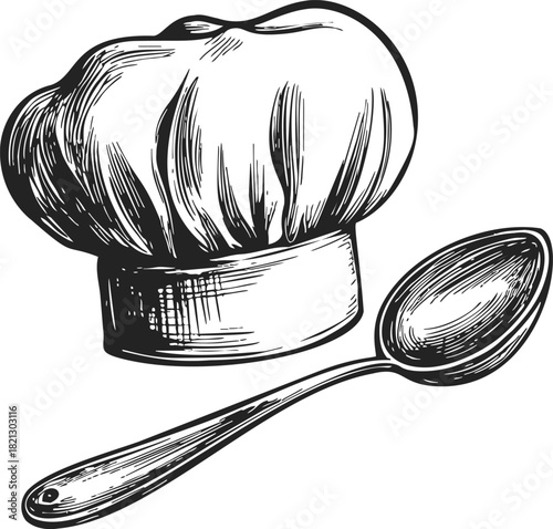 Chef hat sketch with spoon, hand drawn kitchen utensil illustration. Vector illustration