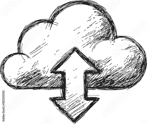 Cloud computing sketch, hand drawn cloud with up and down arrows. Vector illustration
