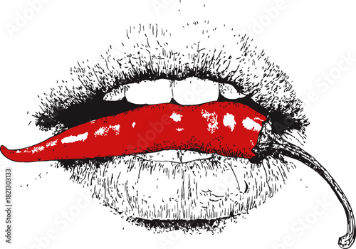 Red chili pepper in mouth sketch, hand drawn lips biting spicy pepper. Vector illustration