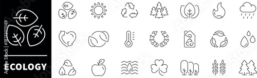 Ecology vector icons. Ecology thin line icon collection. Environment, sustainability, nature, recycle, renewable energy, eco-friendly, forest, green energy, ECO related icons