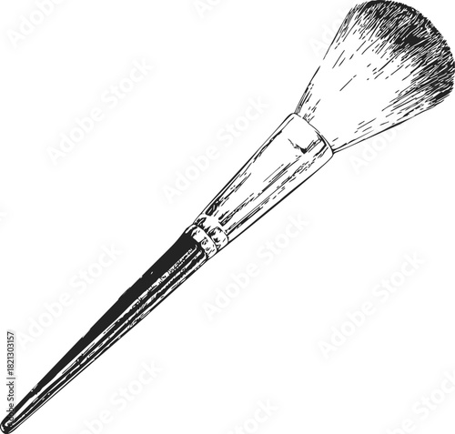 Makeup brush sketch, hand drawn style with detailed bristles and handle. Vector illustration
