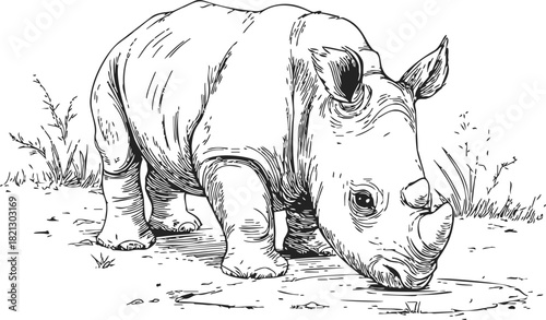 Rhinoceros sketch hand drawn drinking water in natural grassland scene. Vector illustration