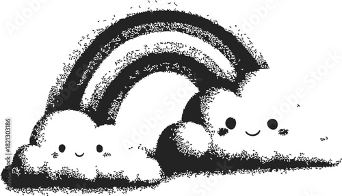 Cute clouds sketch with smiling faces and hand drawn rainbow. Vector illustration